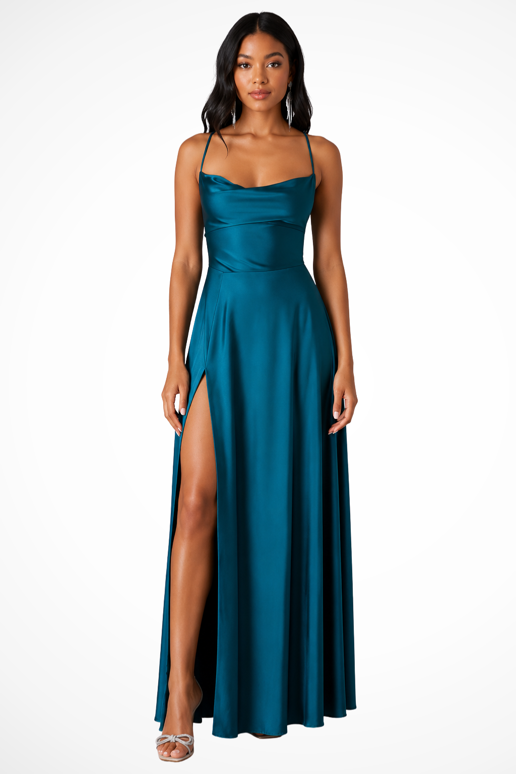 Women's satin maxi dress with waterfall neckline and side slit | Festive evening dress for wedding guests and events