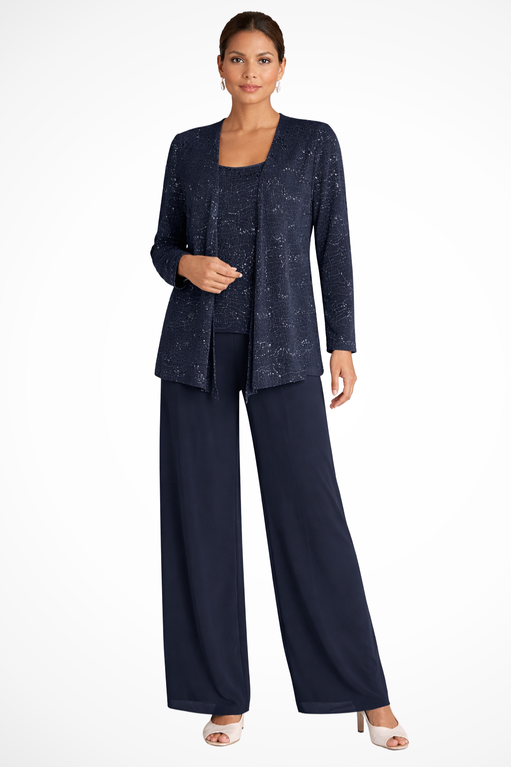 Women's 3-Piece Formal Pantsuit | Set with Sequin Lace Jacket and Wide-Leg Pants | Elegant Outfit for Wedding Guests