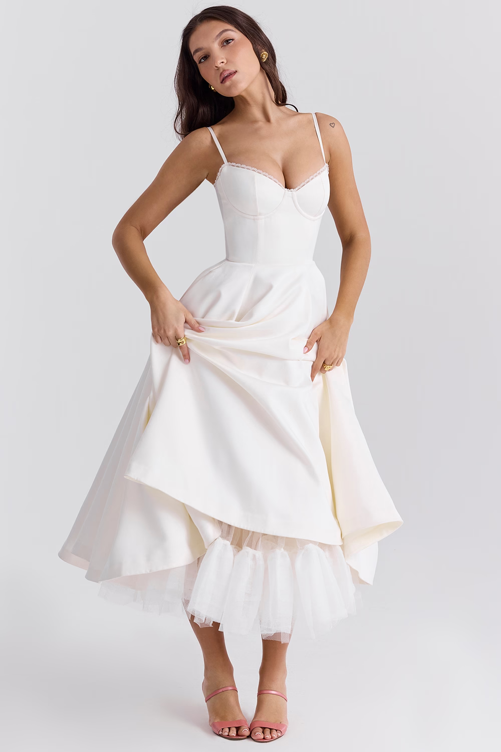 Women's midi dress with corset top and tulle skirt | Festive dress for wedding guests with sweetheart neckline and pockets
