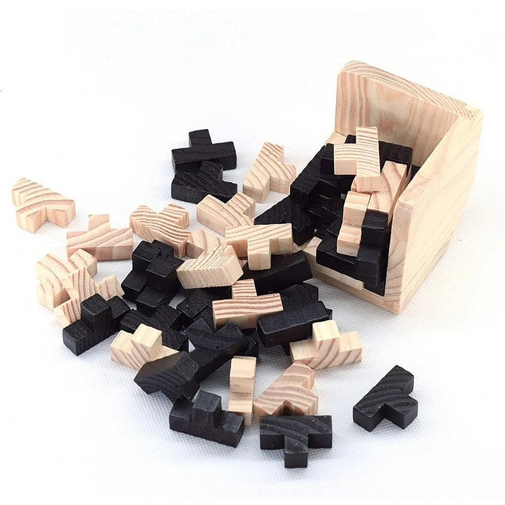 54 Teile eines kniffligen Holzpuzzles