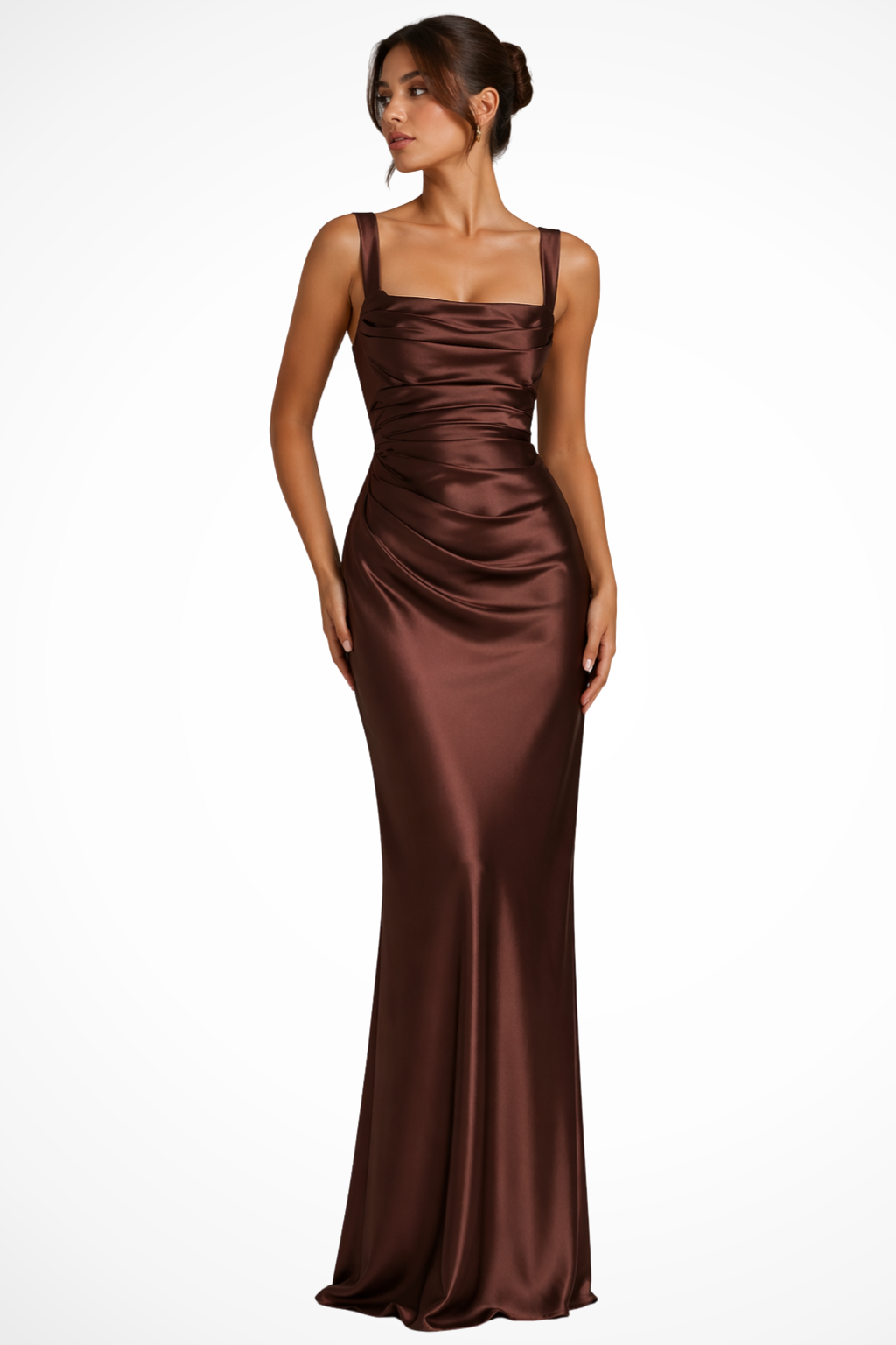 Maxikleid Damen für Hochzeitsgäste mit Carré-Ausschnitt und Raffung – Elegantes Abendkleid inklusive Handschuhen und Choker