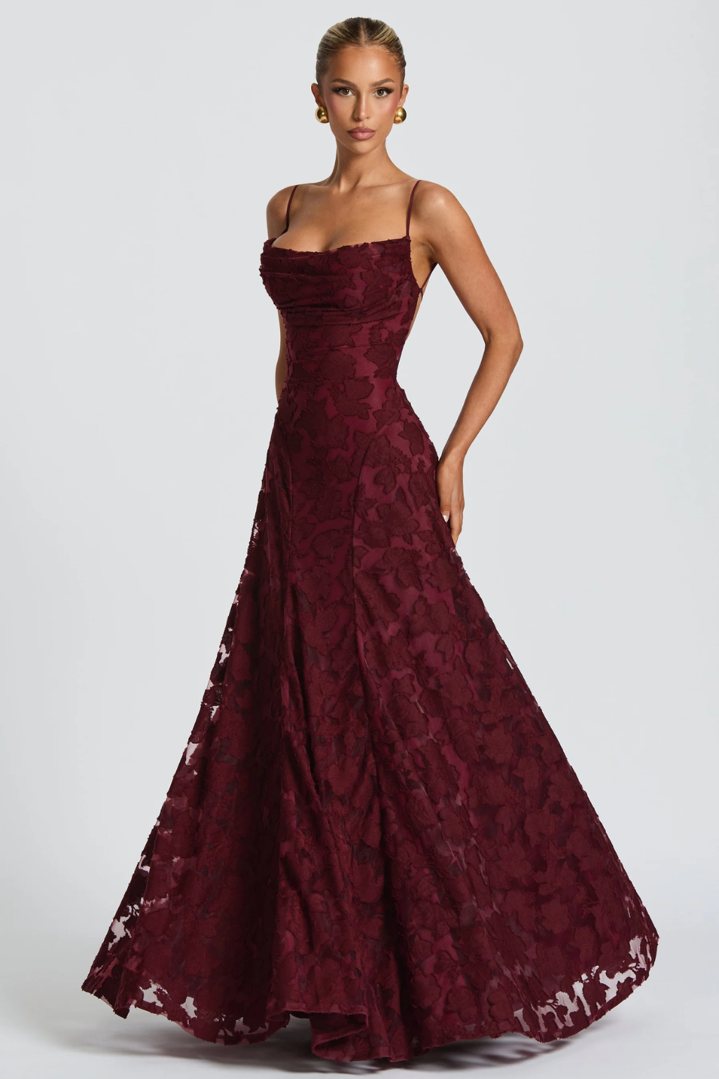 Maxi Dress for Wedding Guests | Women's Dress with Floral Brocade Pattern & Spaghetti Straps | Festive Long Evening Dress