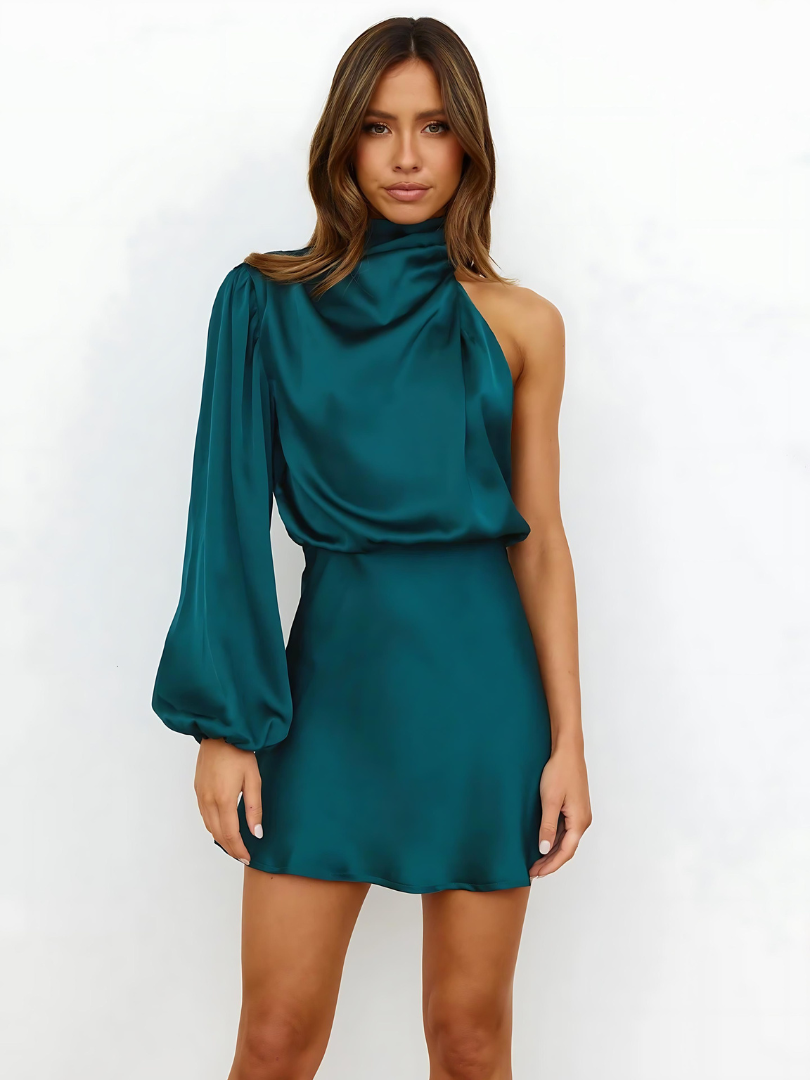 One-Shoulder Satin Kleid Damen - Elegantes asymmetrisches Abendkleid mit langem Ärmel für besondere Anlässe & Partys