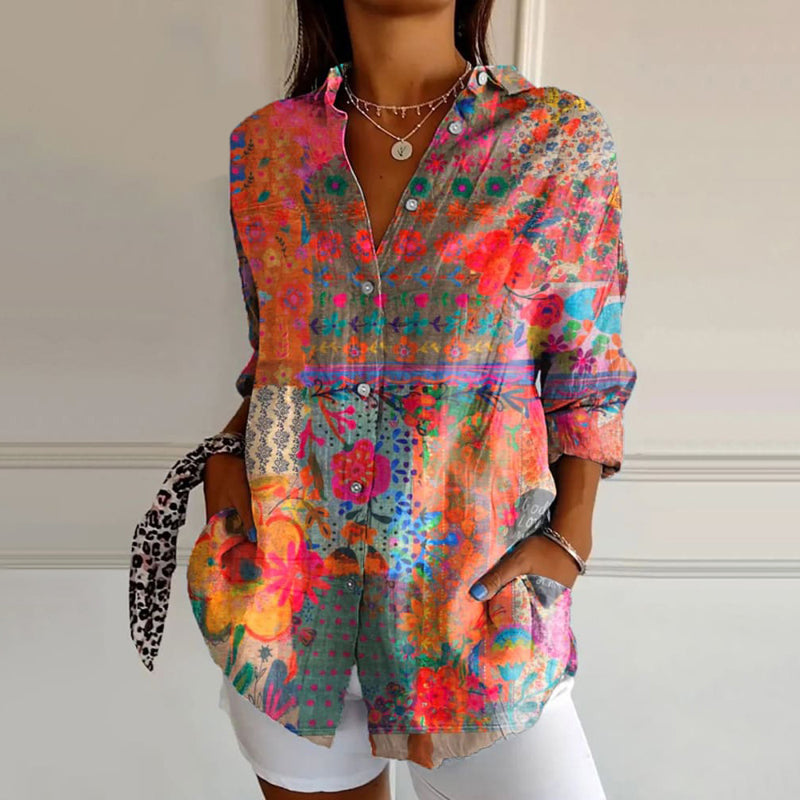 Women's Tunic Blouse with Boho Print | Lightweight Summer Blouse with V-Neck and Colorful Patterns | Loosely Fitted Shirt Blouse