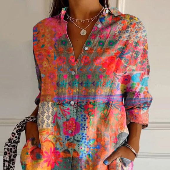 Women's Tunic Blouse with Boho Print | Lightweight Summer Blouse with V-Neck and Colorful Patterns | Loosely Fitted Shirt Blouse