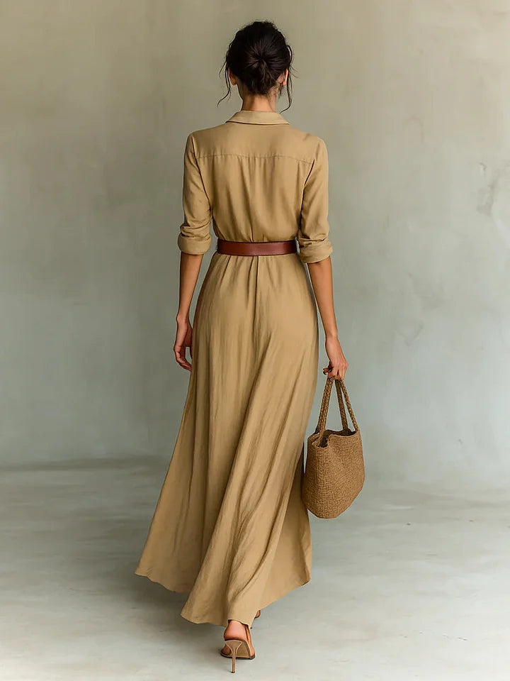 Airy maxi dress for women with classic collar and waist belt | Lightweight summer dress with button placket and pleated design