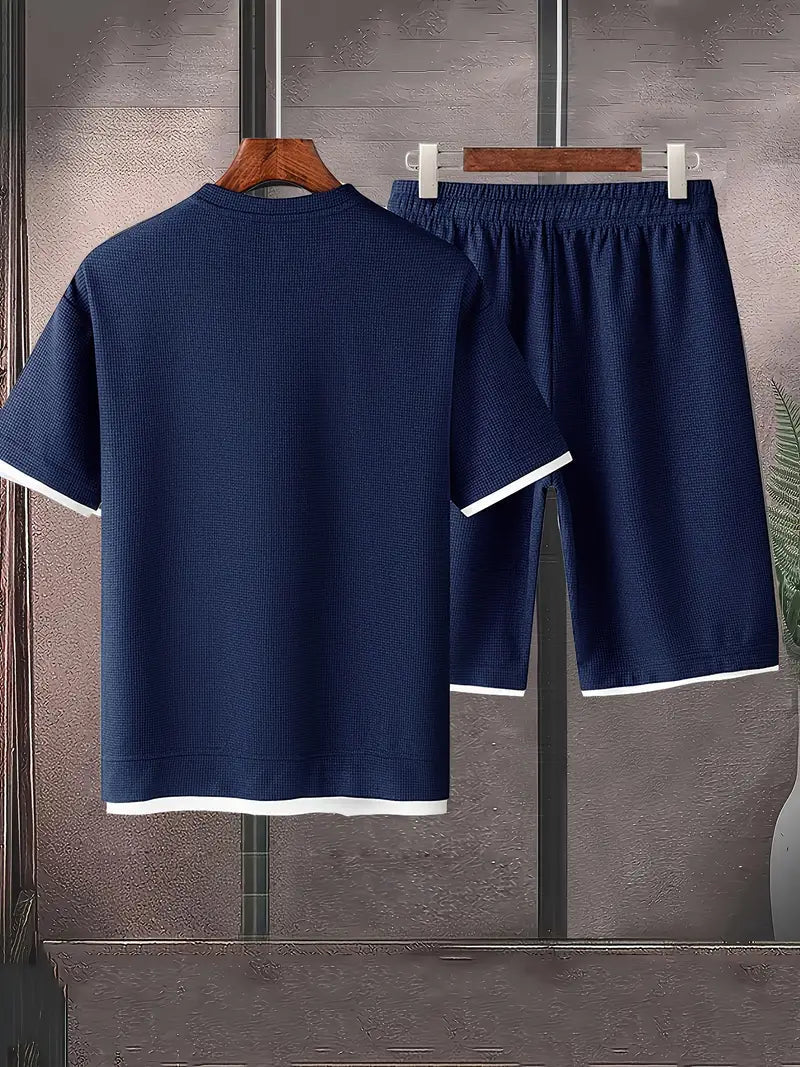 Waffle Knit Set for Men | Short Sleeve T-Shirt and Shorts Two-Piece | Breathable Casual Set with Drawstring | Relaxed Fit