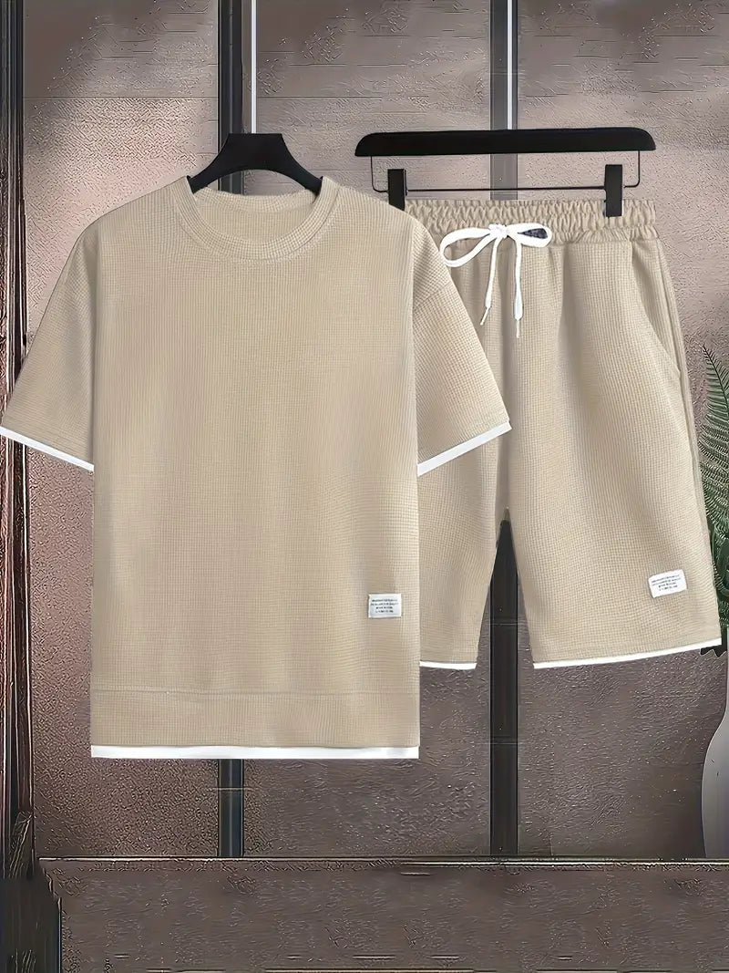 Waffle Knit Set for Men | Short Sleeve T-Shirt and Shorts Two-Piece | Breathable Casual Set with Drawstring | Relaxed Fit
