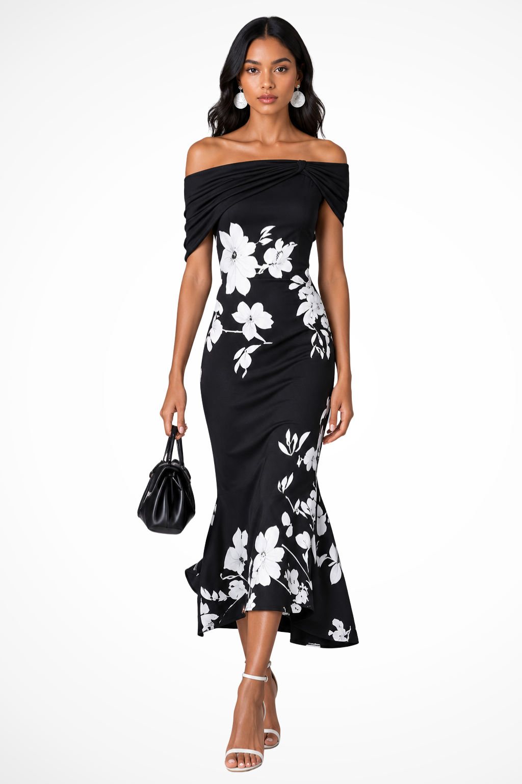 Schulterfreies Midi-Kleid mit Blumenmuster für Hochzeitsgäste | Festliches Damenkleid mit Carmen-Ausschnitt für Anlässe