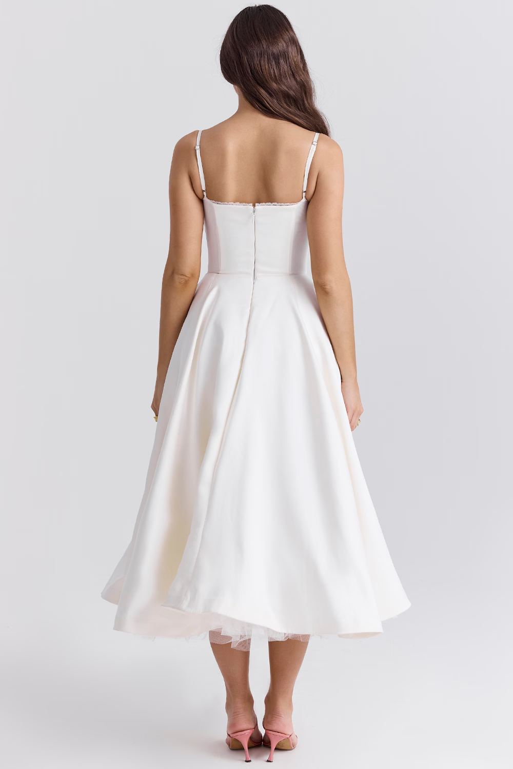 Women's midi dress with corset top and tulle skirt | Festive dress for wedding guests with sweetheart neckline and pockets