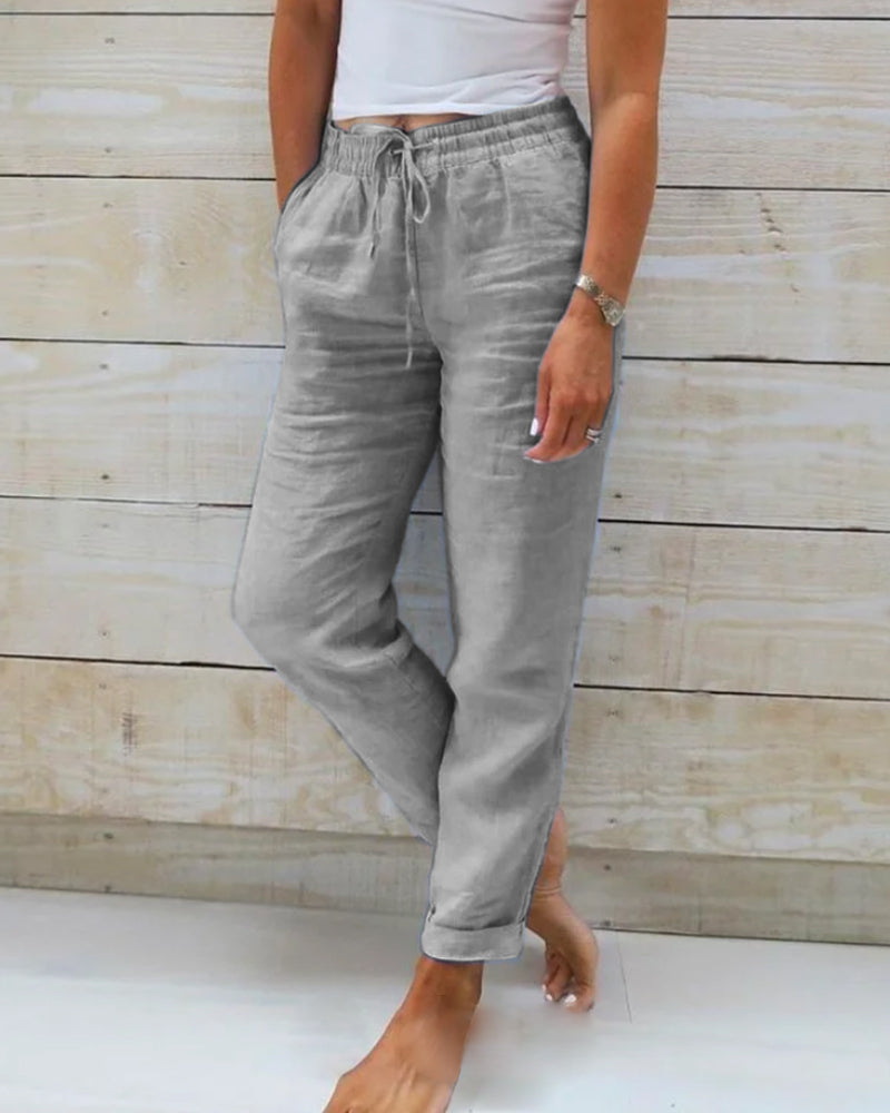 Damen Leinen-Baumwollhose mit elastischem Bund und Kordelzug