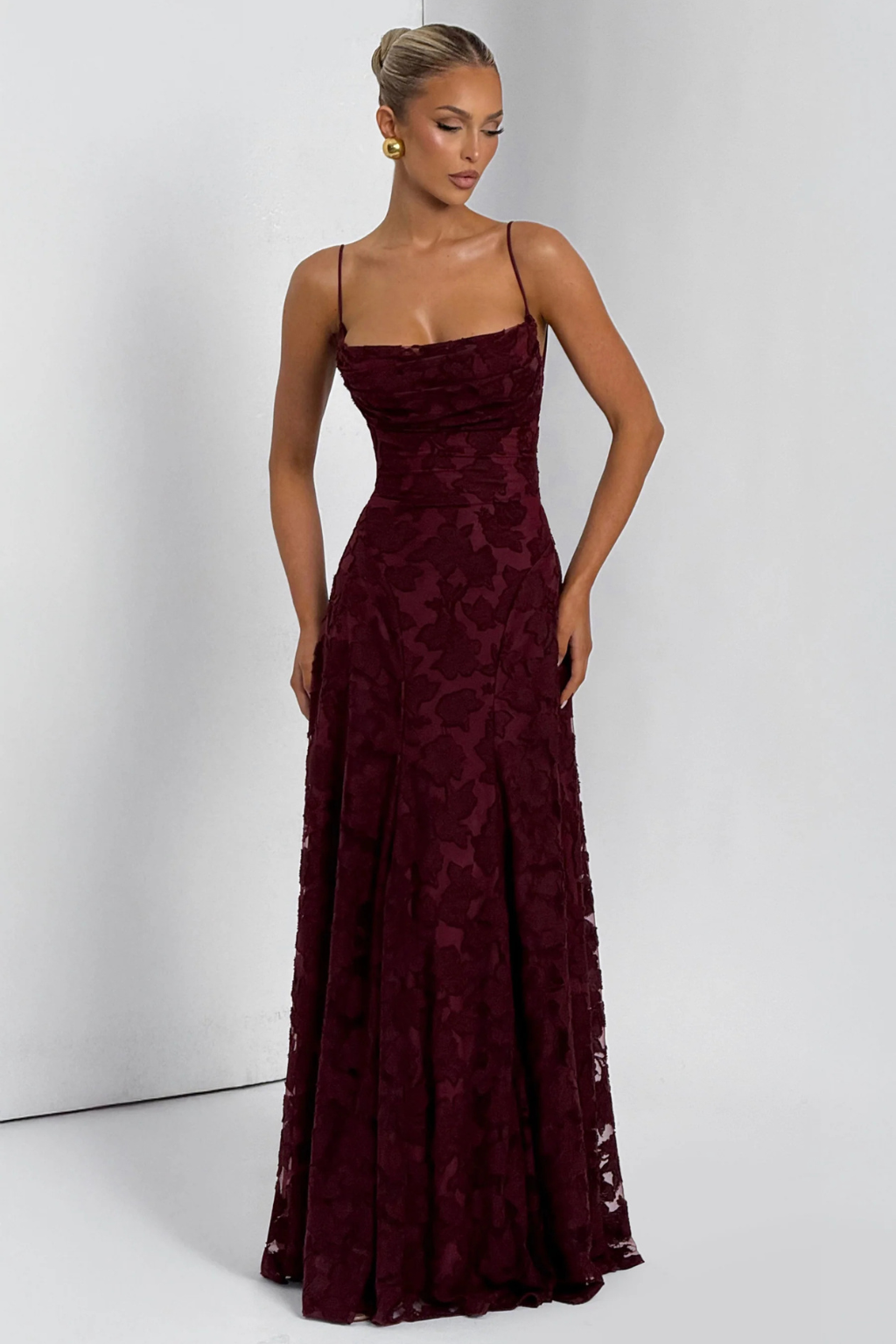 Maxi Dress for Wedding Guests | Women's Dress with Floral Brocade Pattern & Spaghetti Straps | Festive Long Evening Dress