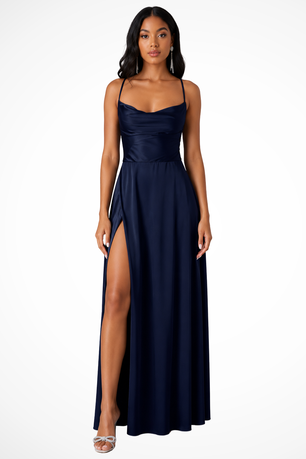 Women's Satin Maxi Dress with Waterfall Neckline & Side Slit - Elegant Evening Dress for Wedding Guests & Formal Occasions