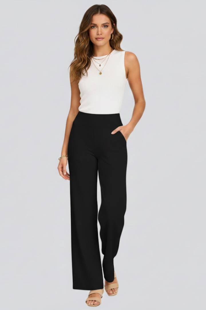 Damen Hose mit weitem Bein und hohem Bund | Bequeme High Waist Stoffhose mit Gummizug | Gerade geschnittene Schlupfhose