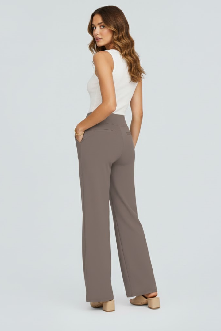 Damen Hose mit weitem Bein und hohem Bund | Bequeme High Waist Stoffhose mit Gummizug | Gerade geschnittene Schlupfhose