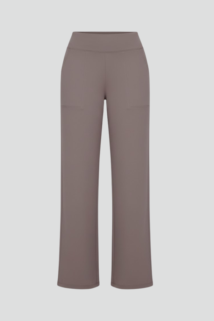 Damen Hose mit weitem Bein und hohem Bund | Bequeme High Waist Stoffhose mit Gummizug | Gerade geschnittene Schlupfhose