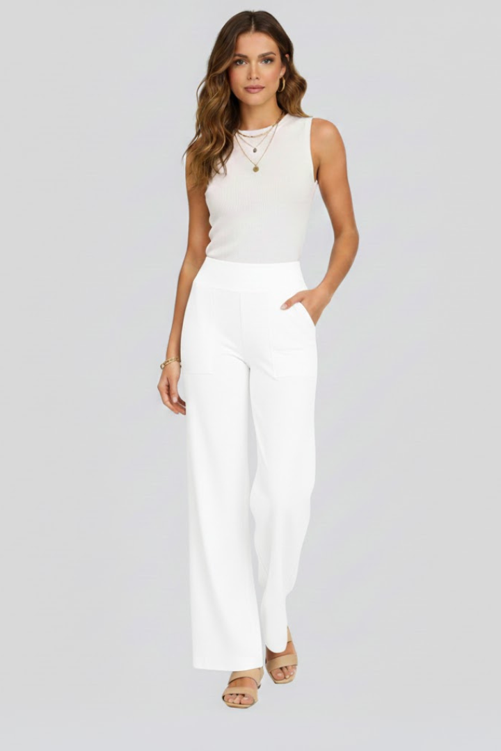 Damen Hose mit weitem Bein und hohem Bund | Bequeme High Waist Stoffhose mit Gummizug | Gerade geschnittene Schlupfhose