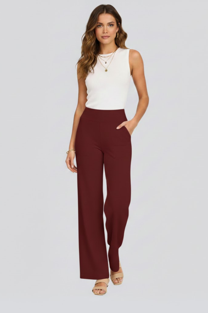 Damen Hose mit weitem Bein und hohem Bund | Bequeme High Waist Stoffhose mit Gummizug | Gerade geschnittene Schlupfhose