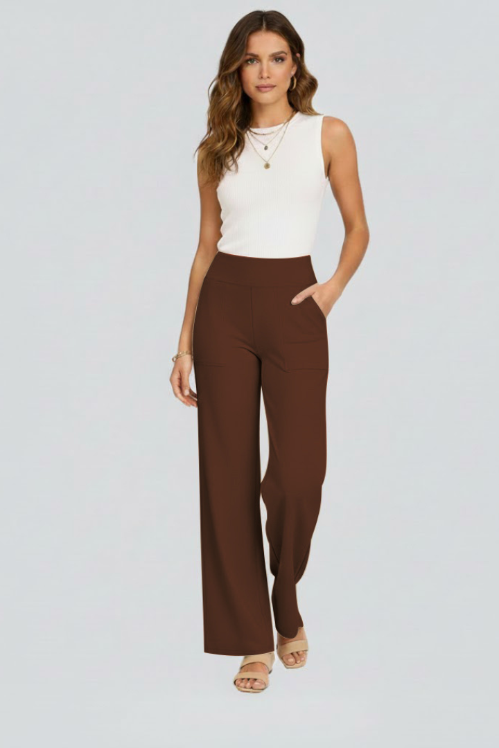Damen Hose mit weitem Bein und hohem Bund | Bequeme High Waist Stoffhose mit Gummizug | Gerade geschnittene Schlupfhose