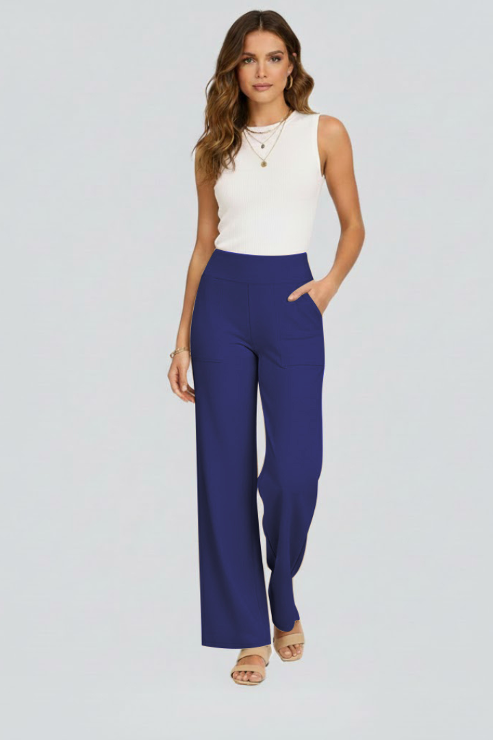 Damen Hose mit weitem Bein und hohem Bund | Bequeme High Waist Stoffhose mit Gummizug | Gerade geschnittene Schlupfhose