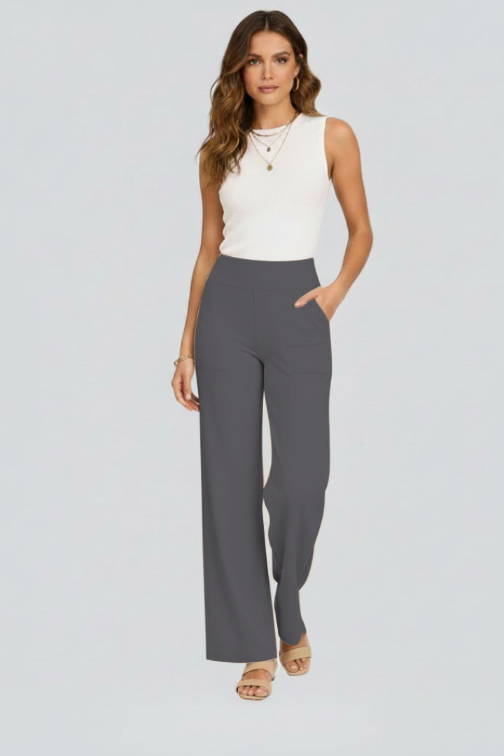 Damen Hose mit weitem Bein und hohem Bund | Bequeme High Waist Stoffhose mit Gummizug | Gerade geschnittene Schlupfhose