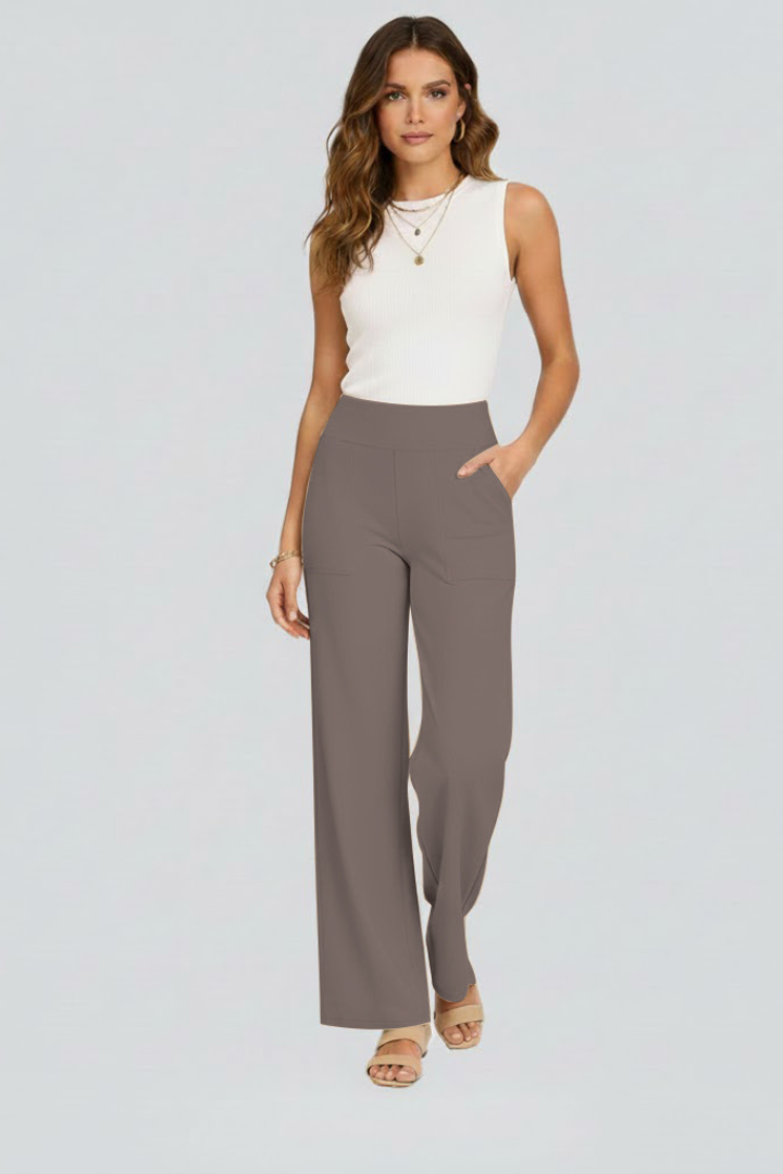 Damen Hose mit weitem Bein und hohem Bund | Bequeme High Waist Stoffhose mit Gummizug | Gerade geschnittene Schlupfhose