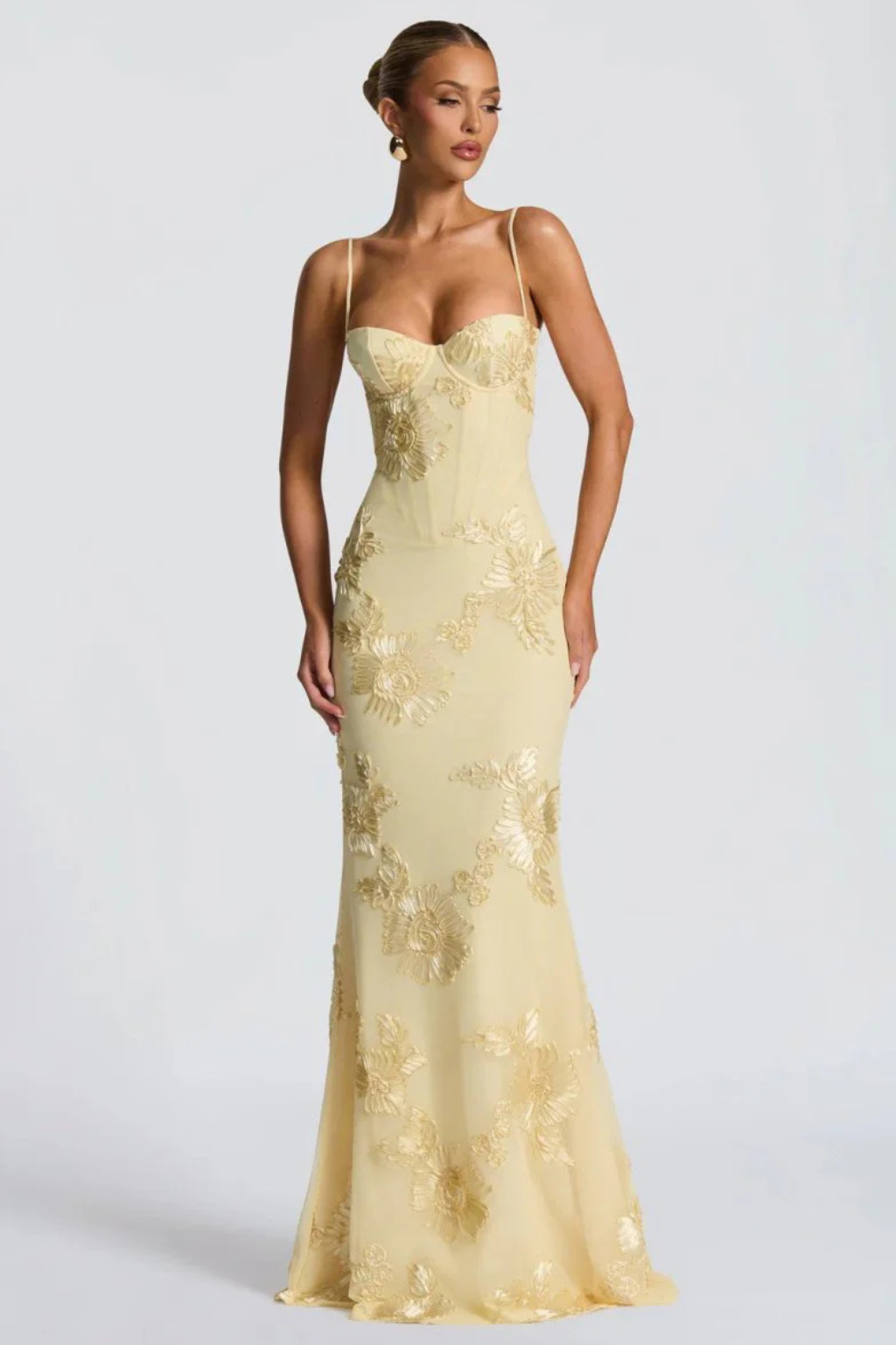 Damen Maxikleid für Hochzeitsgäste mit floraler Stickerei und Corsage, festliches langes Kleid mit schmalen Trägern