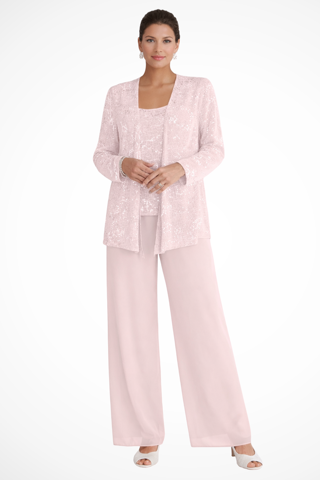 Women's 3-Piece Formal Pantsuit | Set with Sequin Lace Jacket and Wide-Leg Pants | Elegant Outfit for Wedding Guests