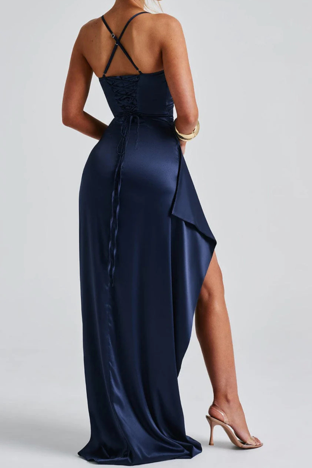 Women's Maxi Dress with Spaghetti Straps and Leg Slit | Elegant Evening Dress for Wedding Guests with Waist Ruching
