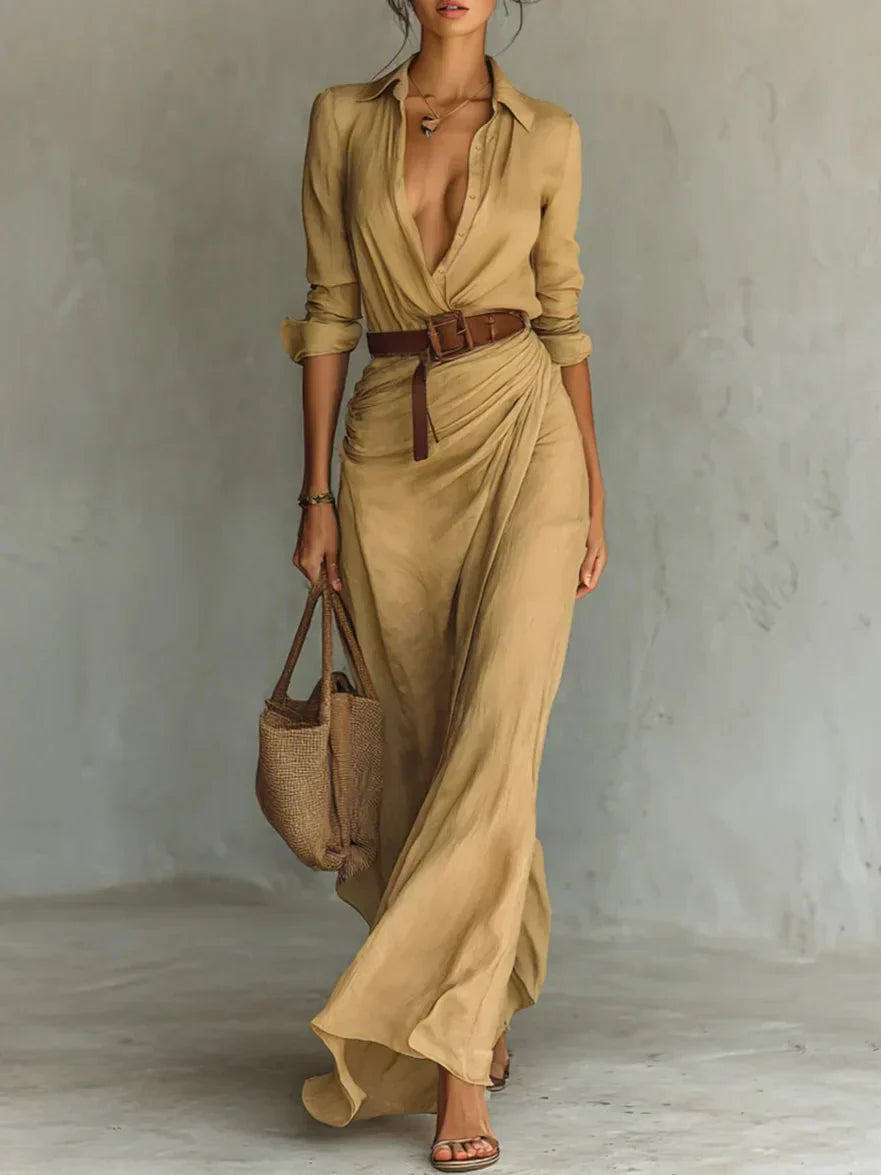 Airy maxi dress for women with classic collar and waist belt | Lightweight summer dress with button placket and pleated design