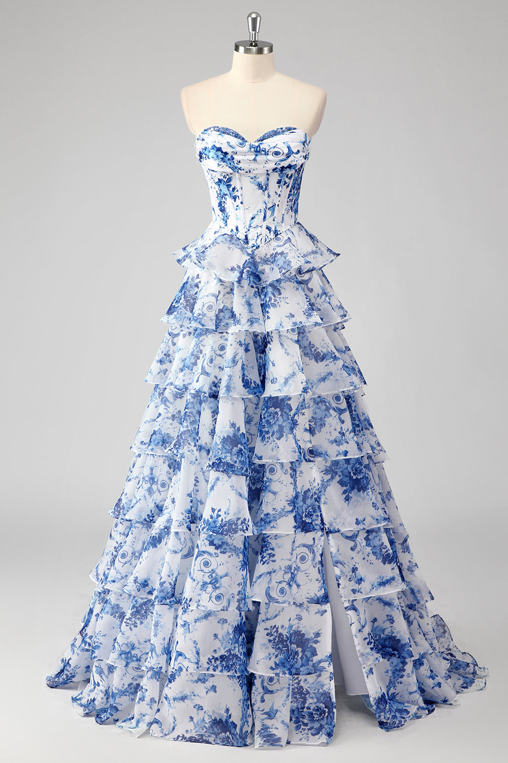 Maxi dress with floral pattern for wedding guests | Elegant corset dress with ruffles and tiered skirt for festive occasions