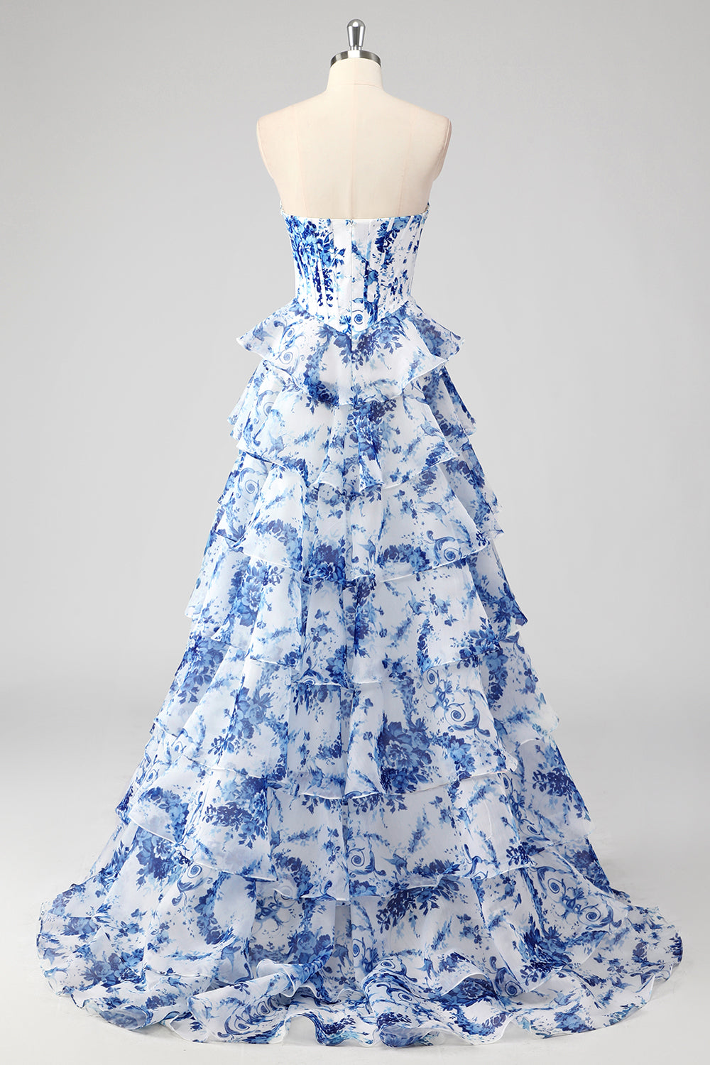Maxi dress with floral pattern for wedding guests | Elegant corset dress with ruffles and tiered skirt for festive occasions