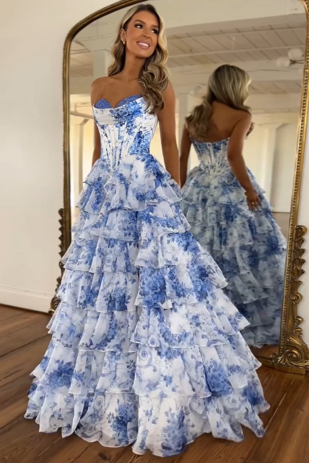 Maxi dress with floral pattern for wedding guests | Elegant corset dress with ruffles and tiered skirt for festive occasions
