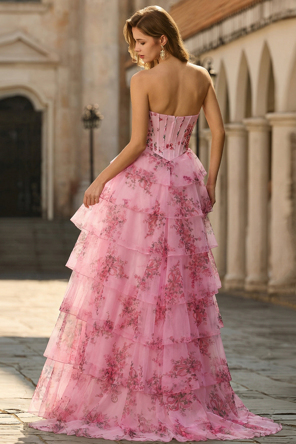 Maxi dress with floral pattern for wedding guests | Elegant corset dress with ruffles and tiered skirt for festive occasions