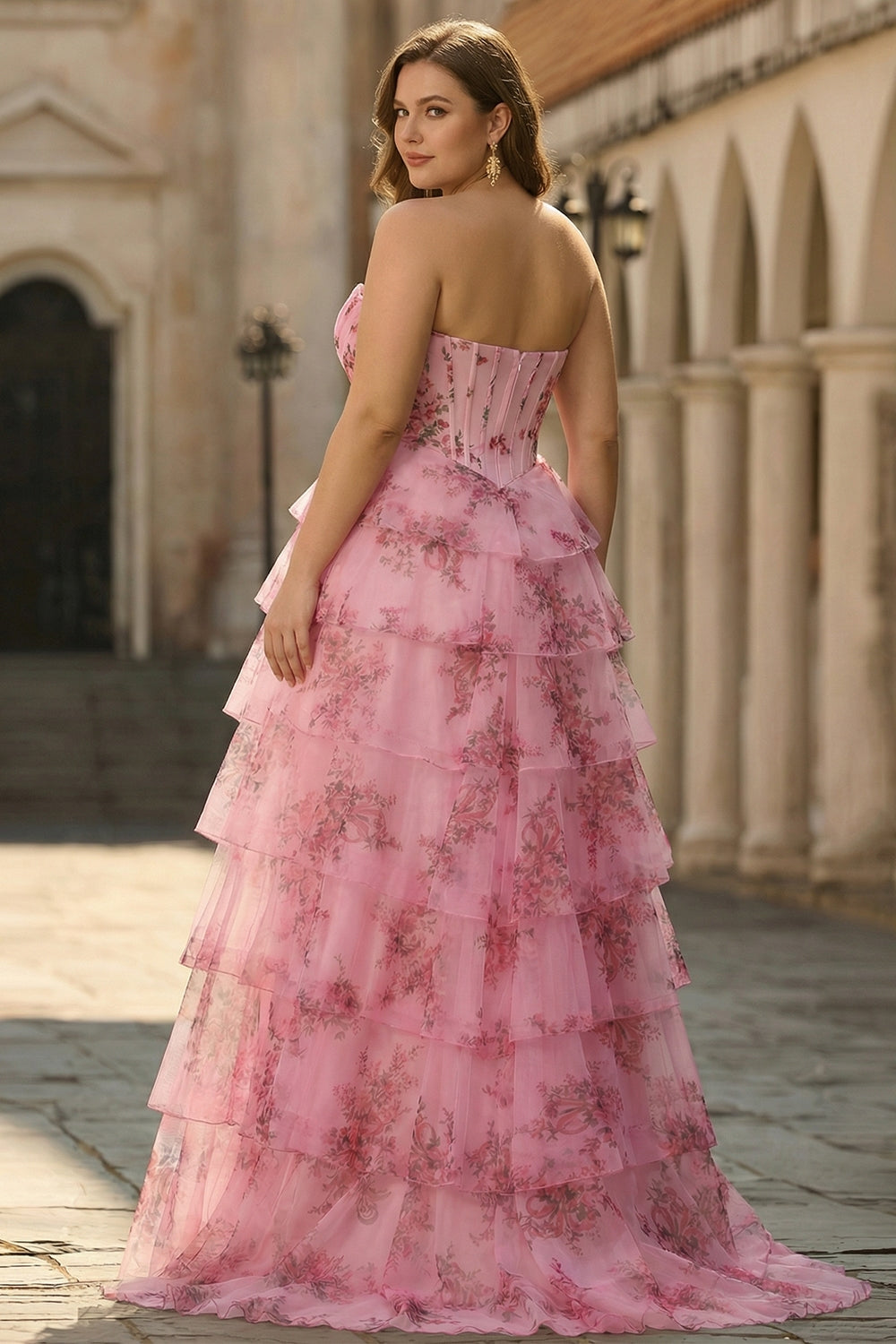 Maxi dress with floral pattern for wedding guests | Elegant corset dress with ruffles and tiered skirt for festive occasions