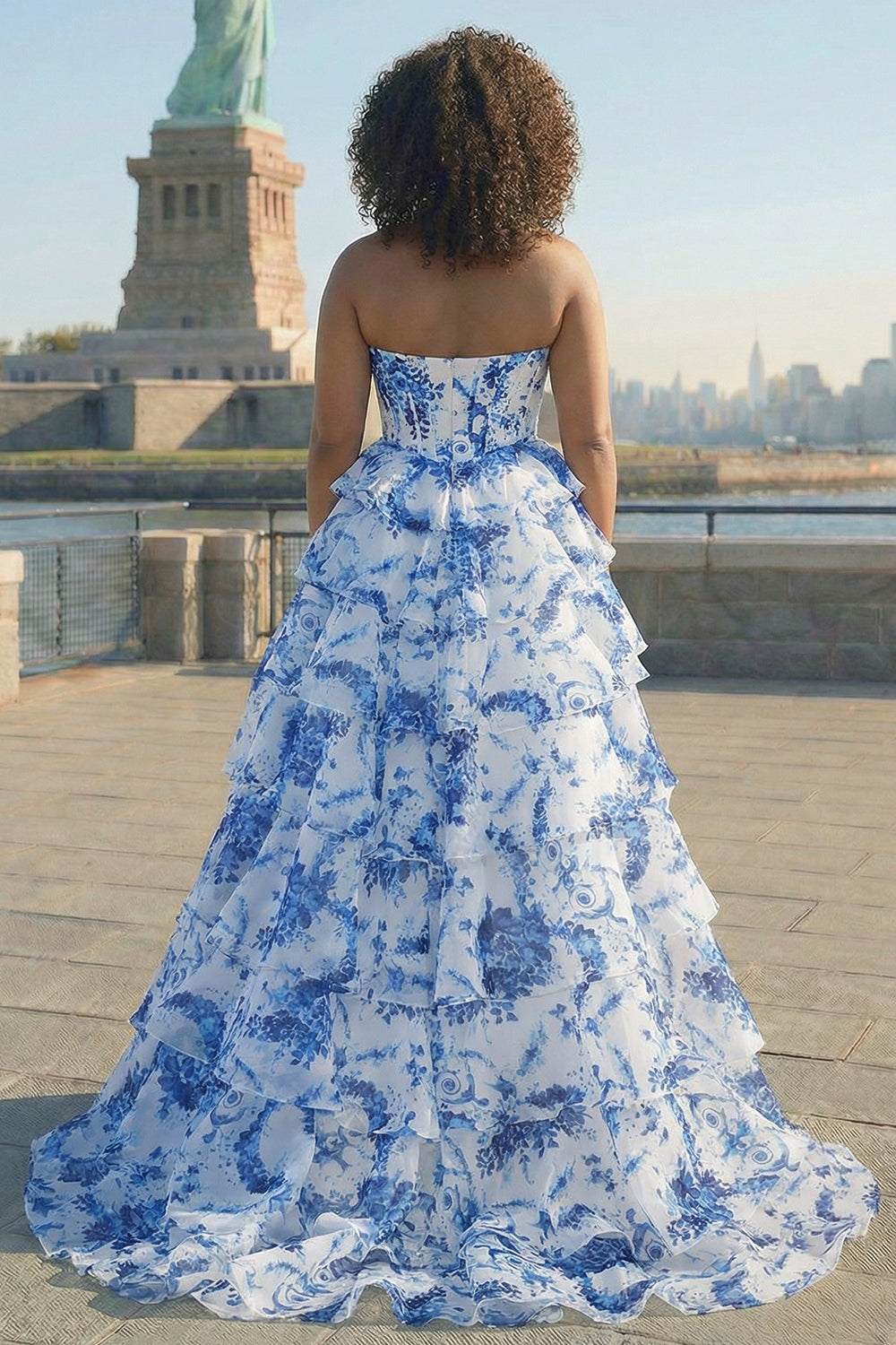 Maxi dress with floral pattern for wedding guests | Elegant corset dress with ruffles and tiered skirt for festive occasions
