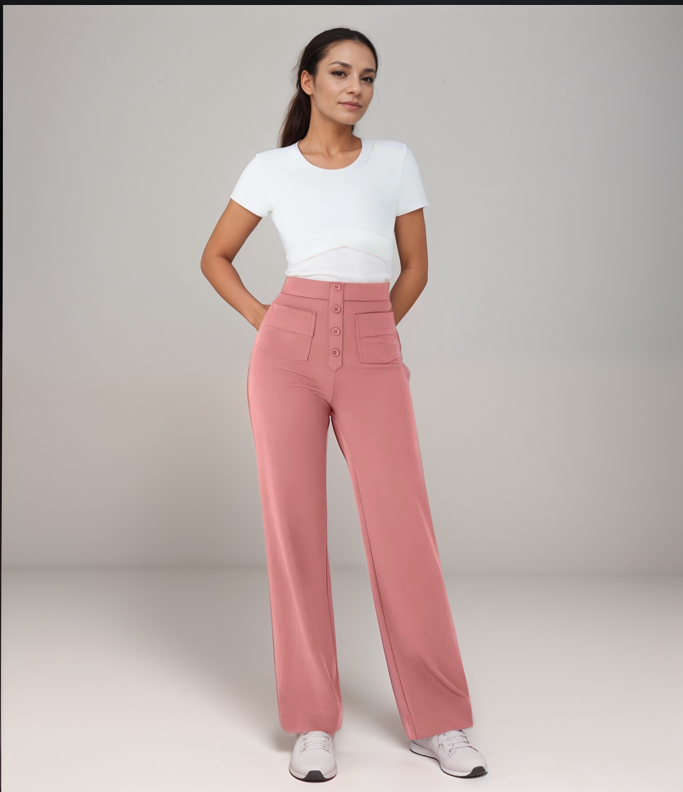 Women's High Waist Pants | Elastic Sculpting Pants with Wide Legs | Comfortable Stretch Pants with Pockets and Shaping Effect