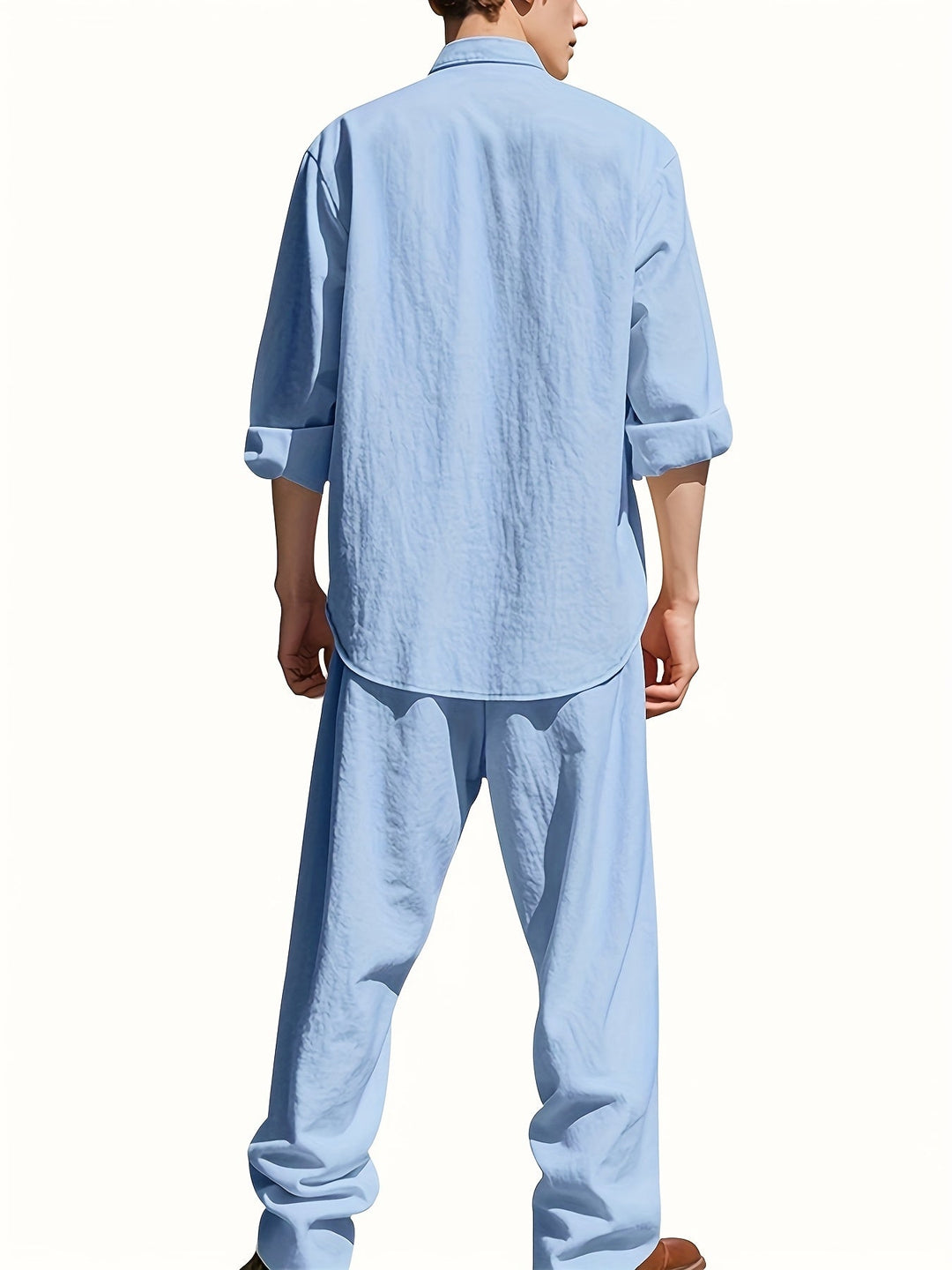 Leinen Set Herren | Luftiges Sommer Set aus atmungsaktivem Leinen mit Stehkragen Hemd und Relaxed Fit Hose für den Urlaub