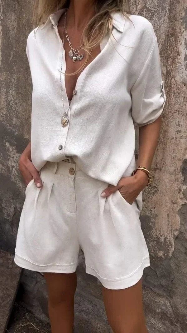 Damen Sommer-Set Zweiteiler | Luftige Bluse mit Knopfleiste und passende Shorts | Bequemes Freizeit-Outfit für warme Tage
