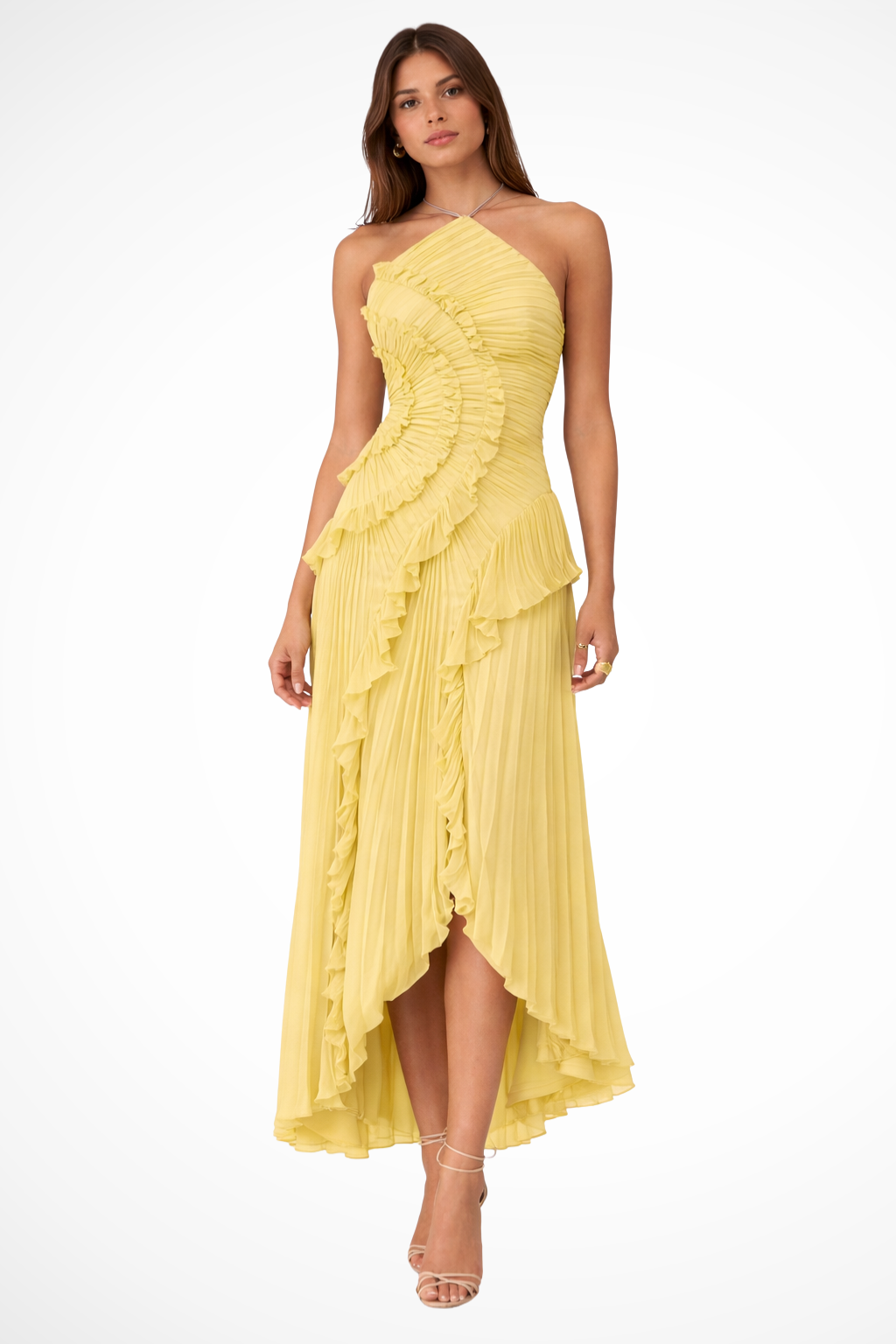 Damen Halterneck Maxikleid mit Volants | Rückenfreies Sommerkleid für Hochzeitsgäste | Luftiges Kleid mit asymmetrischem Saum