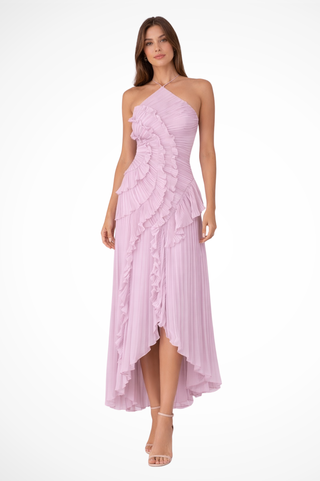 Damen Halterneck Maxikleid mit Volants | Rückenfreies Sommerkleid für Hochzeitsgäste | Luftiges Kleid mit asymmetrischem Saum