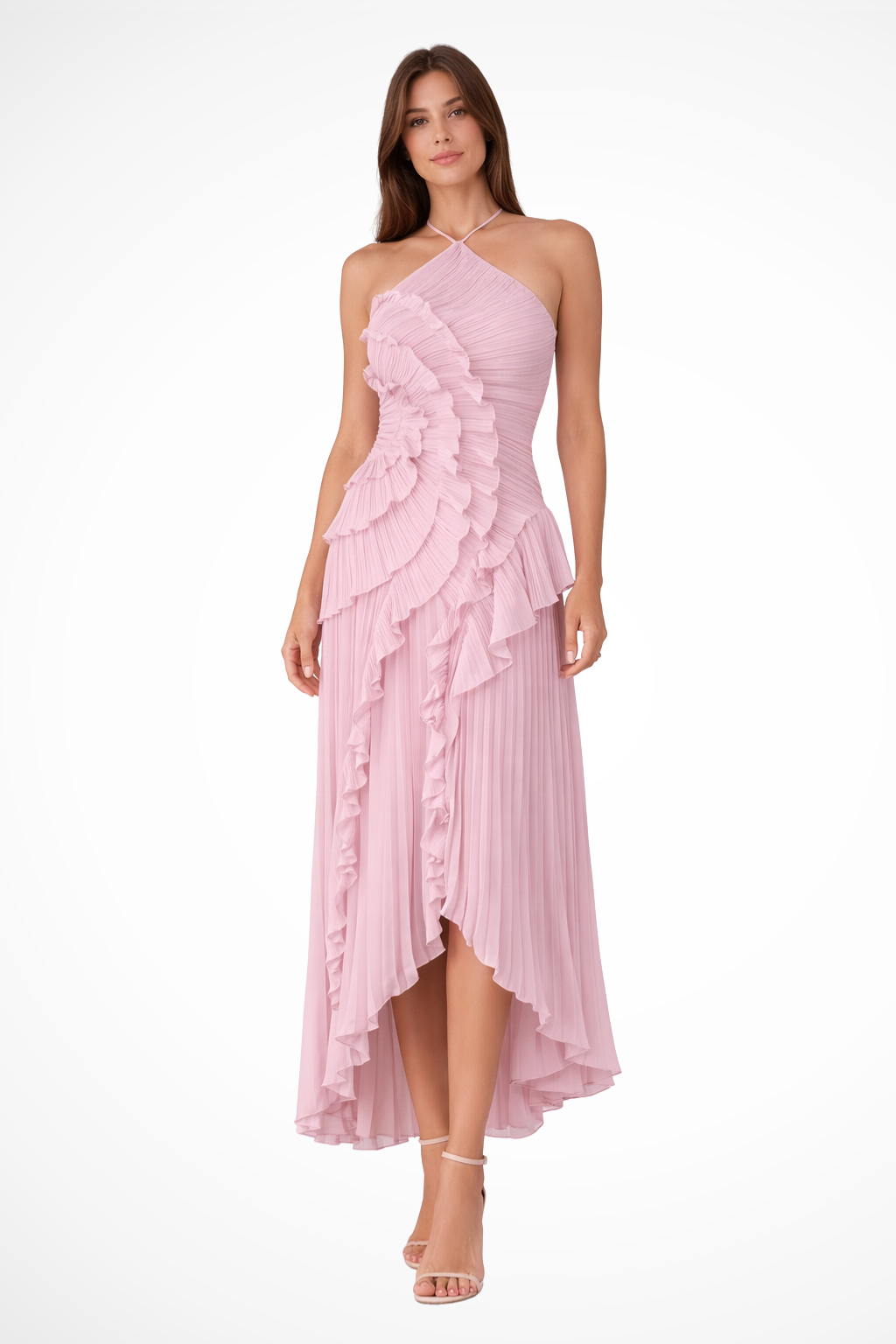 Damen Halterneck Maxikleid mit Volants | Rückenfreies Sommerkleid für Hochzeitsgäste | Luftiges Kleid mit asymmetrischem Saum