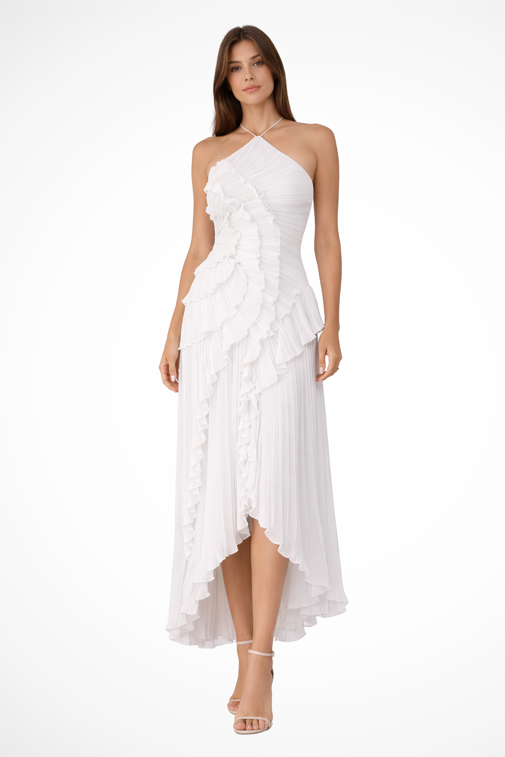 Damen Halterneck Maxikleid mit Volants | Rückenfreies Sommerkleid für Hochzeitsgäste | Luftiges Kleid mit asymmetrischem Saum