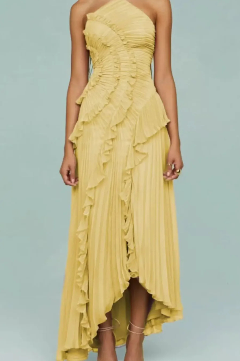 Damen Halterneck Maxikleid mit Volants | Rückenfreies Sommerkleid für Hochzeitsgäste | Luftiges Kleid mit asymmetrischem Saum