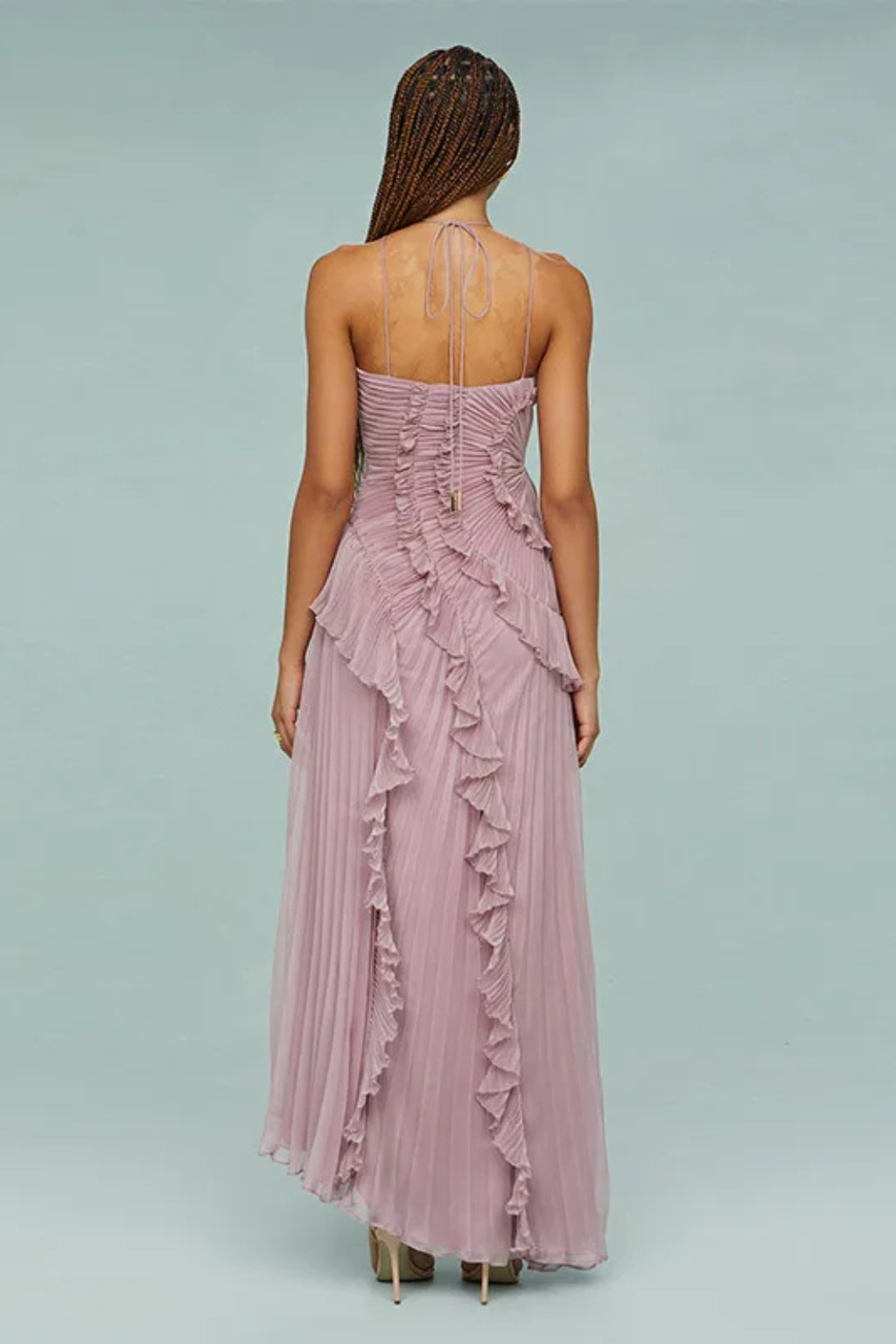 Damen Halterneck Maxikleid mit Volants | Rückenfreies Sommerkleid für Hochzeitsgäste | Luftiges Kleid mit asymmetrischem Saum