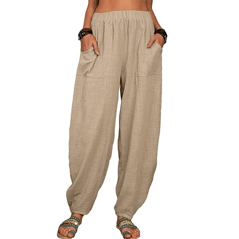 Leinenhose Damen mit Gummibund | Bequeme Haremshose aus Baumwolle-Leinen-Mix | Luftige Freizeithose mit Taschen für den Alltag