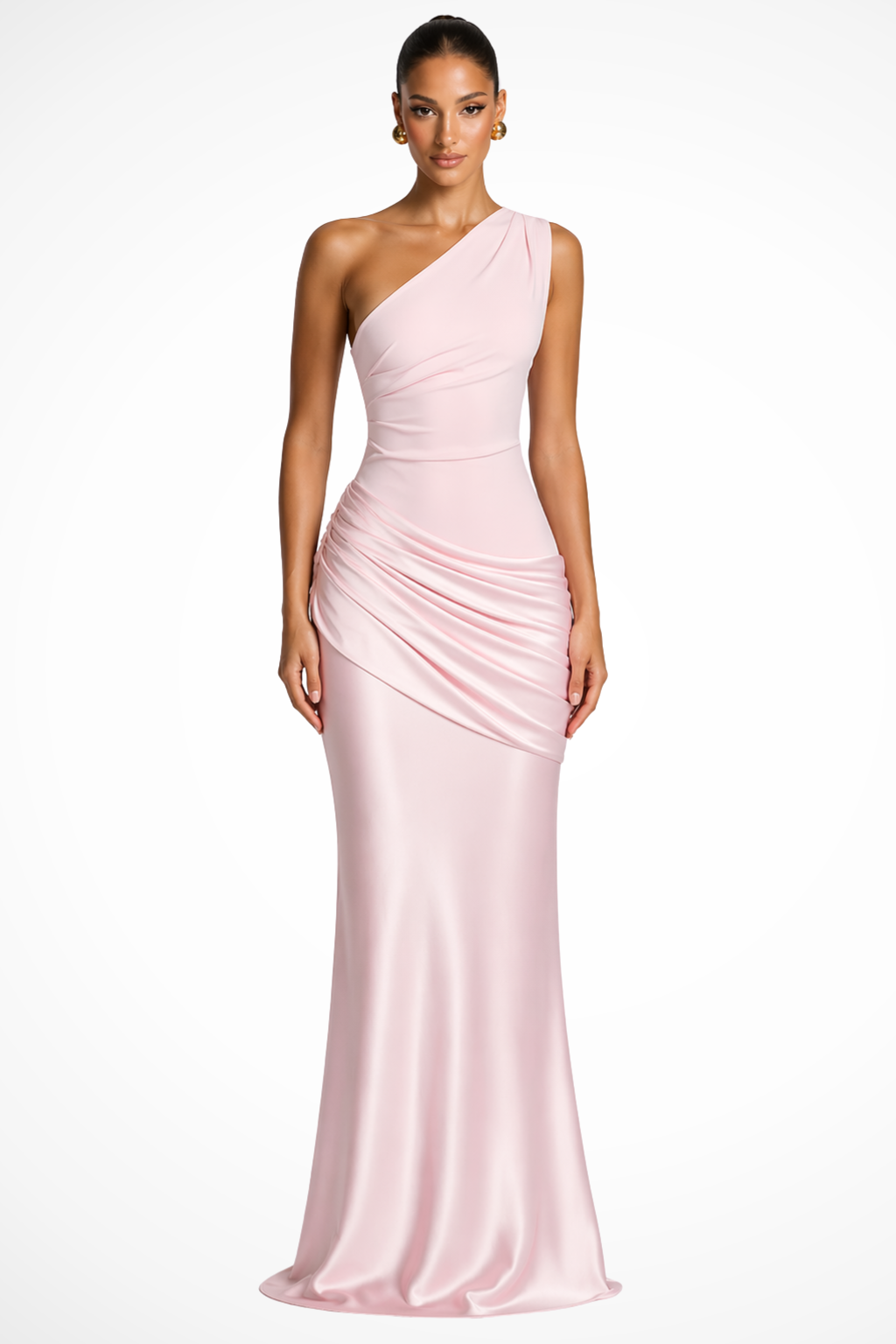 Damen Satin Maxikleid mit One-Shoulder Design | Elegantes Abendkleid mit Raffungen für Hochzeitsgäste | Festliches Kleid