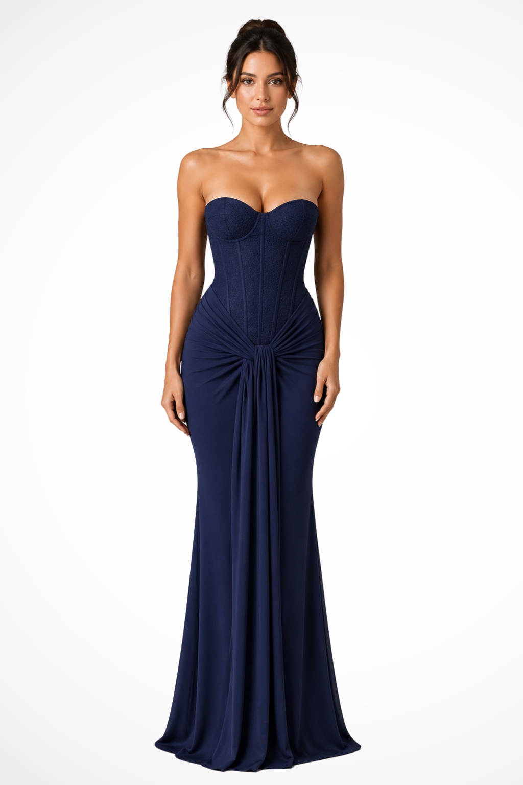 Damen Maxikleid für Hochzeitsgäste | Trägerloses Corsagenkleid mit Spitze und drapierter Optik | Festliches Abendkleid Bodenlang