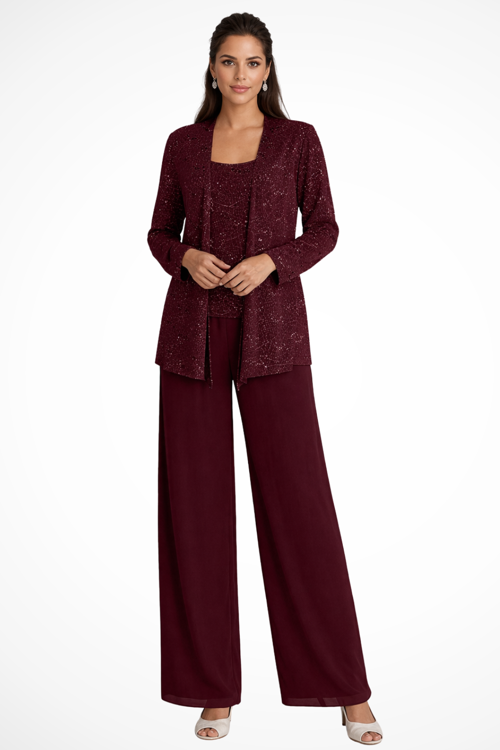 Women's 3-Piece Formal Pantsuit | Set with Sequin Lace Jacket and Wide-Leg Pants | Elegant Outfit for Wedding Guests