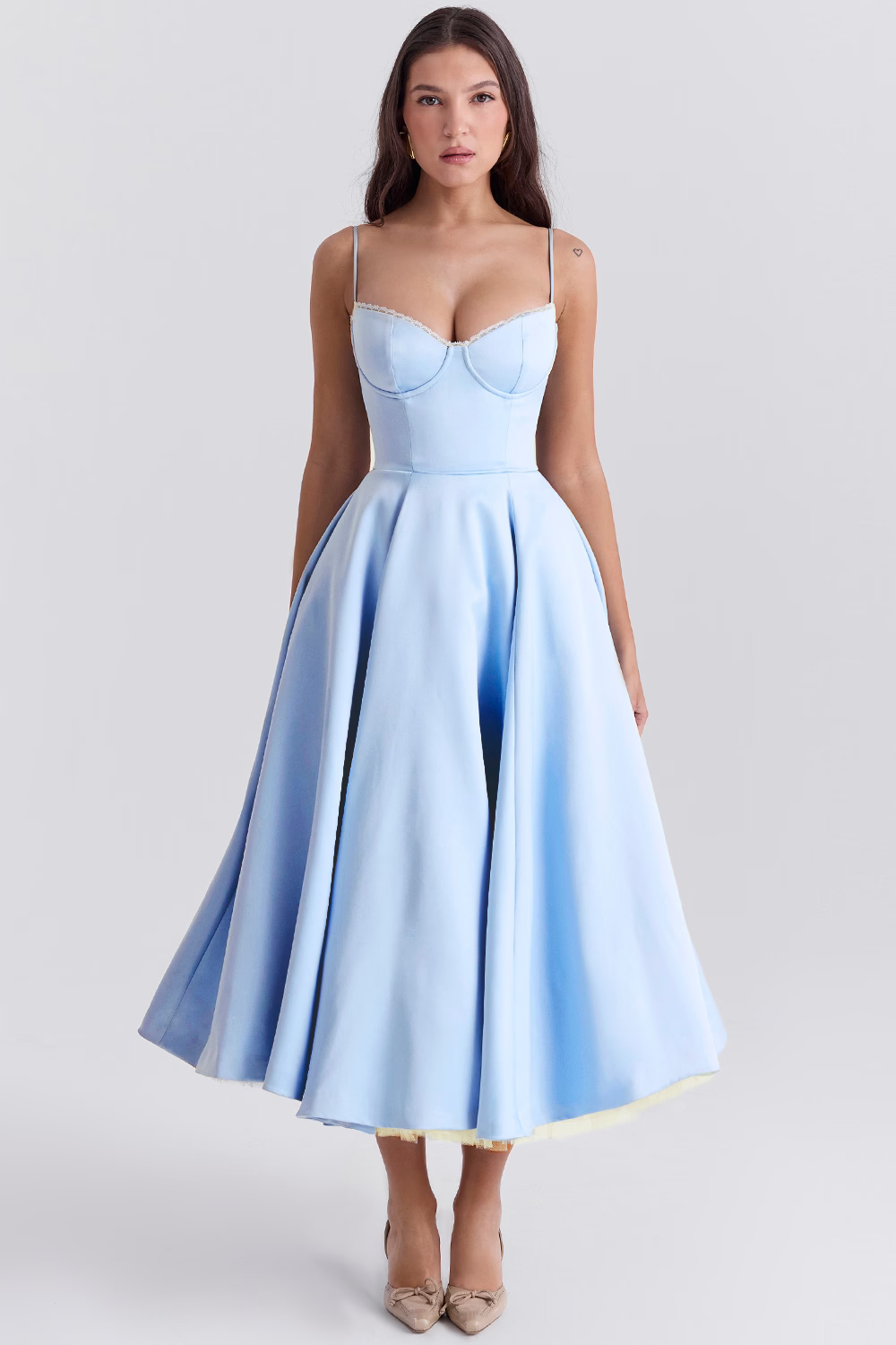 Women's midi dress with corset top and tulle skirt | Festive dress for wedding guests with sweetheart neckline and pockets